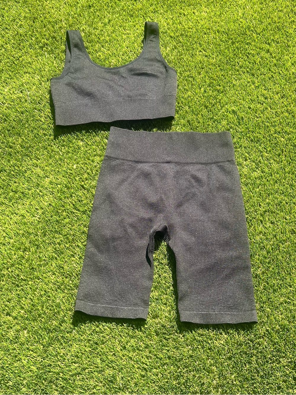 Shein Seamless Black Ribbed 2 piece yoga set